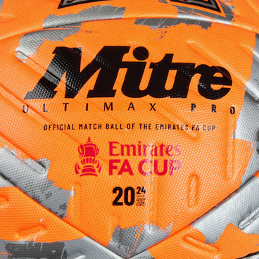 Back ¾ left view of the Mitre Emirates FA Cup Ultimax Pro Football Orange, Silver and Black