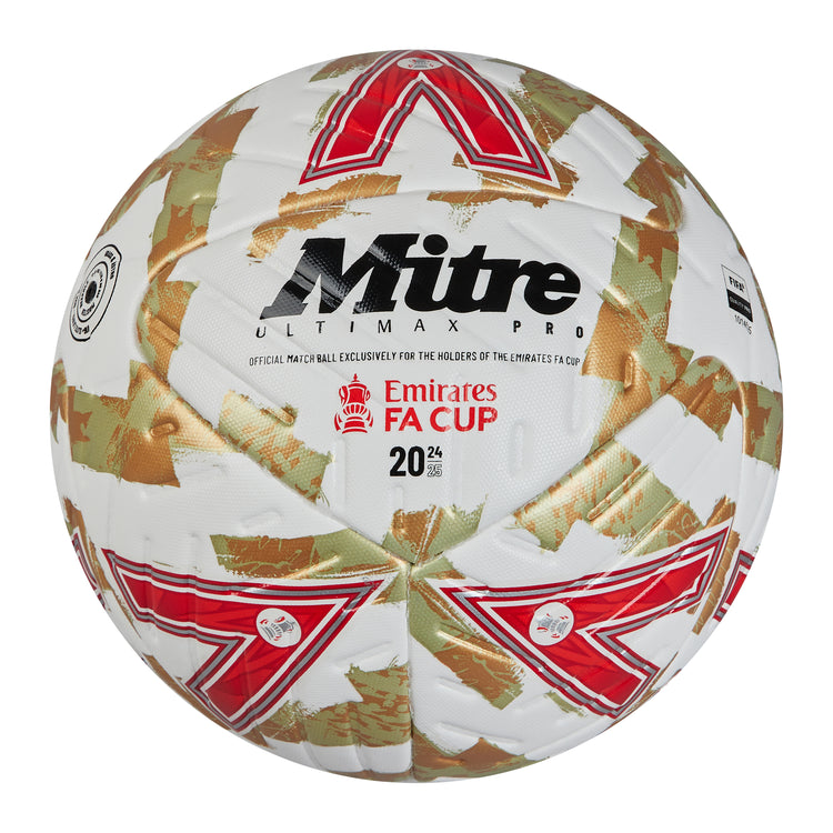 Front view of the Mitre Emirates FA Cup Ultimax Pro Winners Football White, Gold and Red