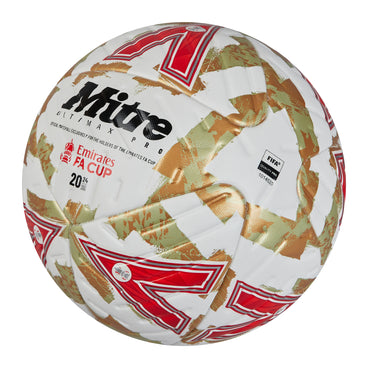 Front ¾ left view of the Mitre Emirates FA Cup Ultimax Pro Winners Football White, Gold and Red
