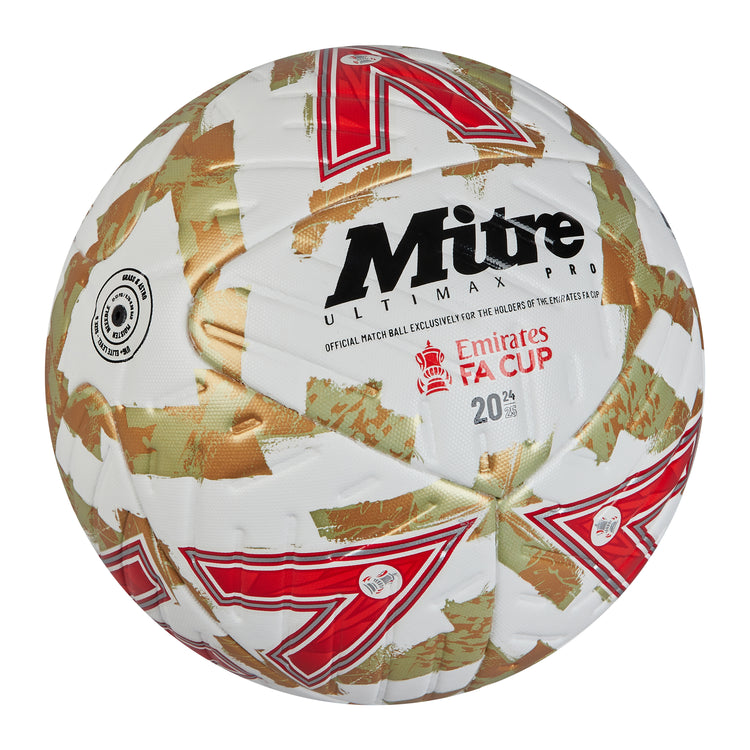 Front ¾ right view of the Mitre Emirates FA Cup Ultimax Pro Winners Football White, Gold and Red