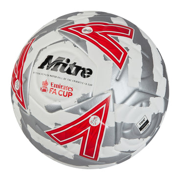 Front ¾ left view of the Mitre Emirates FA Cup Match Football White, Silver and Red
