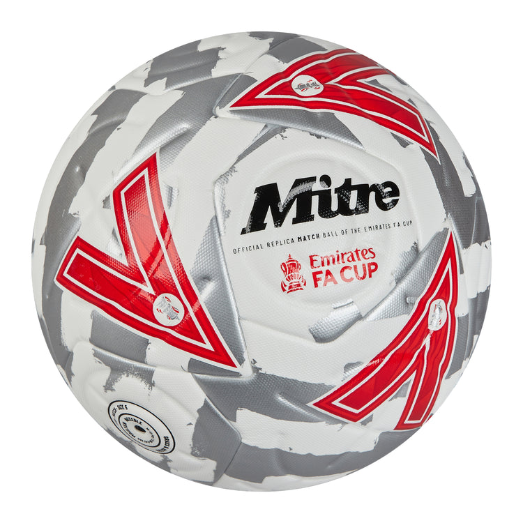 Front ¾ right view of the Mitre Emirates FA Cup Match Football White, Silver and Red
