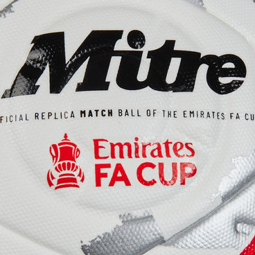 Back ¾ right view of the Mitre Emirates FA Cup Match Football White, Silver and Red