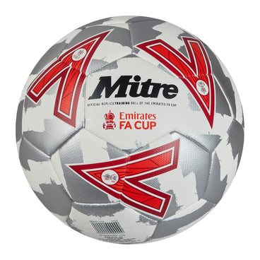 Front view of the Mitre Emirates FA Cup Train Football White, Silver and Red