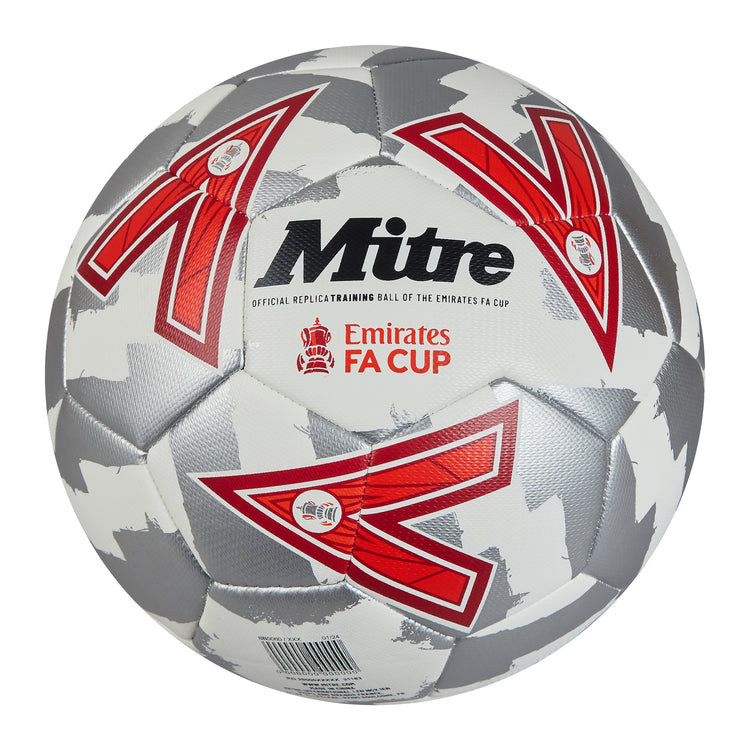 Front view of the Mitre Emirates FA Cup Train Football White, Silver and Red