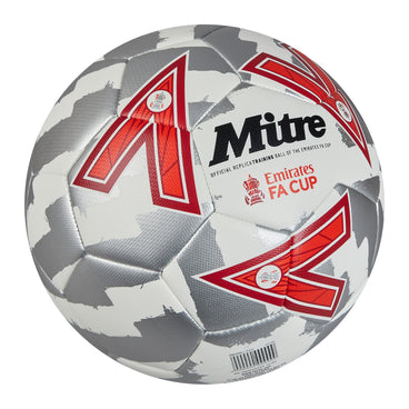 Front ¾ left view of the Mitre Emirates FA Cup Train Football White, Silver and Red