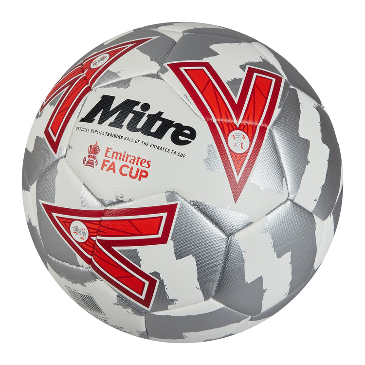 Front ¾ right view of the Mitre Emirates FA Cup Train Football White, Silver and Red