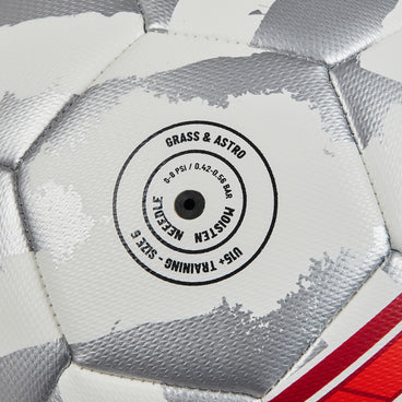 Back ¾ left view of the Mitre Emirates FA Cup Train Football White, Silver and Red