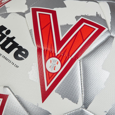 Back ¾ right view of the Mitre Emirates FA Cup Train Football White, Silver and Red