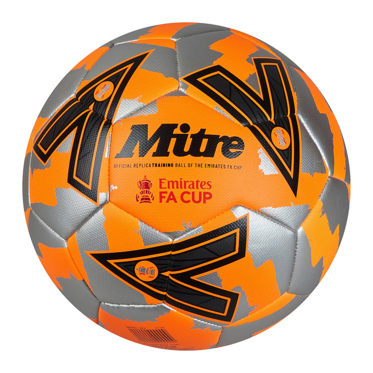 Front view of the Mitre Emirates FA Cup Train Football Orange, Silver and Black