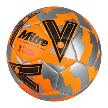 Front ¾ left view of the Mitre Emirates FA Cup Train Football Orange, Silver and Black