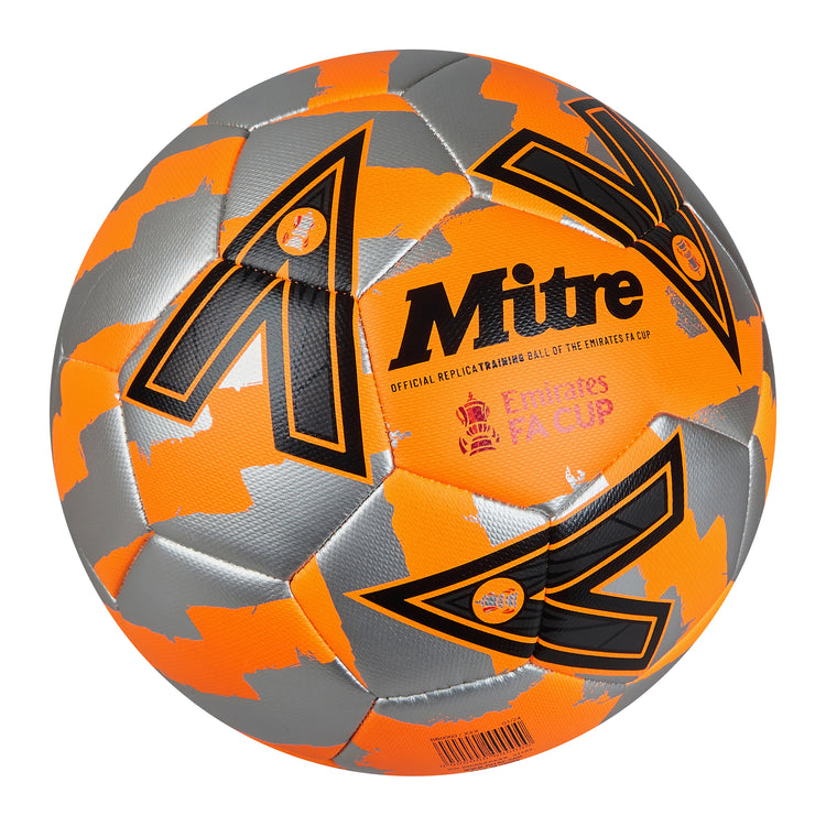 Front ¾ right view of the Mitre Emirates FA Cup Train Football Orange, Silver and Black