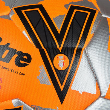 Back ¾ right view of the Mitre Emirates FA Cup Train Football Orange, Silver and Black
