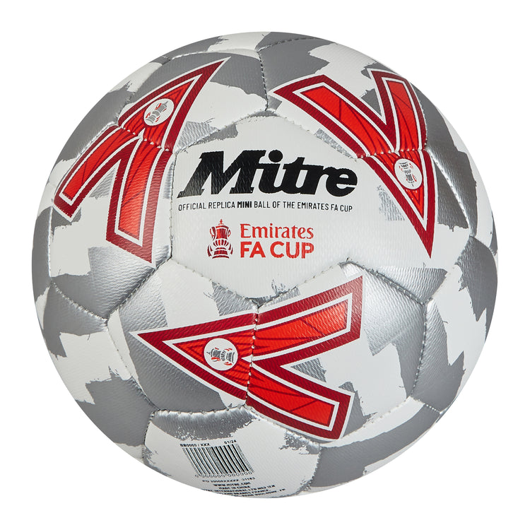 Front view of the Mitre Emirates FA Cup Play Football White, Silver and Red