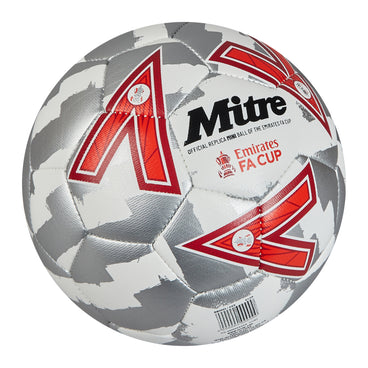 Front ¾ left view of the Mitre Emirates FA Cup Play Football White, Silver and Red