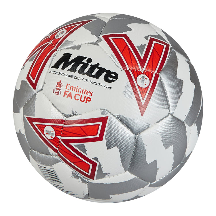 Front ¾ right view of the Mitre Emirates FA Cup Play Football White, Silver and Red