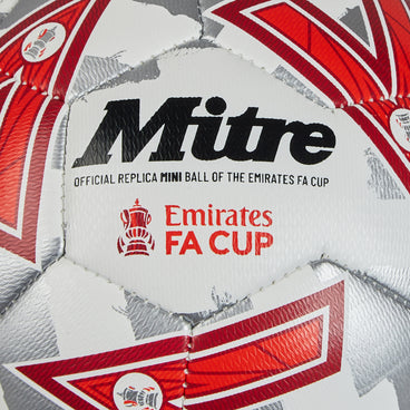 Back view of the Mitre Emirates FA Cup Play Football White, Silver and Red