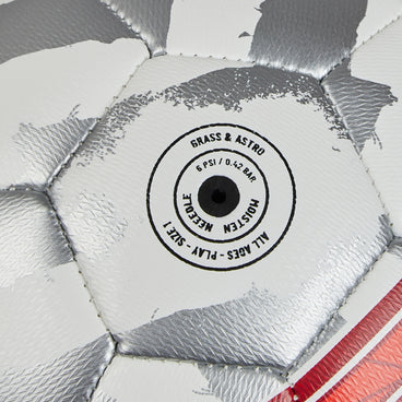 Back ¾ left view of the Mitre Emirates FA Cup Play Football White, Silver and Red