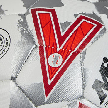 Back ¾ right view of the Mitre Emirates FA Cup Play Football White, Silver and Red