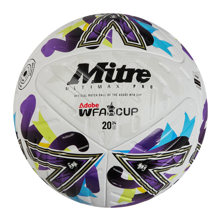 Front view of the Mitre Women's FA Cup Ultimax Pro Football White, Purple and Green