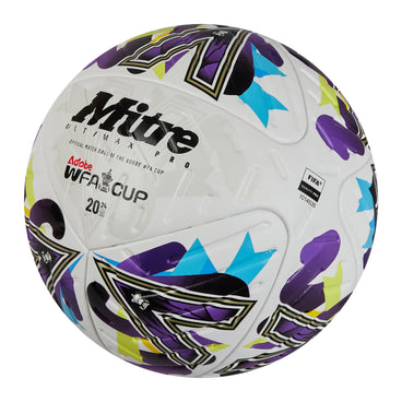 Front ¾ left view of the Mitre Women's FA Cup Ultimax Pro Football White, Purple and Green