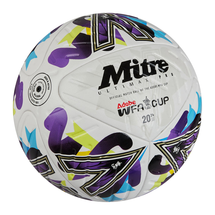 Front ¾ right view of the Mitre Women's FA Cup Ultimax Pro Football White, Purple and Green