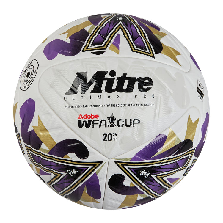 Front view of the Mitre Women's FA Cup Ultimax Pro Winners Football White, Gold and Green