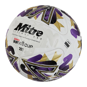 Front ¾ left view of the Mitre Women's FA Cup Ultimax Pro Winners Football White, Gold and Green