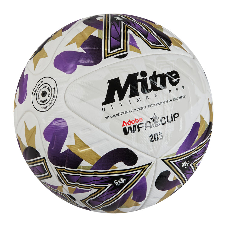 Front ¾ right view of the Mitre Women's FA Cup Ultimax Pro Winners Football White, Gold and Green