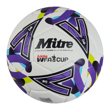 Front view of the Mitre Women's FA Cup Train Football White, Purple and Green