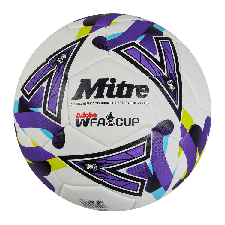 Front view of the Mitre Women's FA Cup Train Football White, Purple and Green