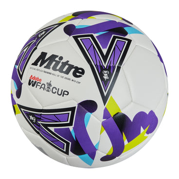 Front ¾ left view of the Mitre Women's FA Cup Train Football White, Purple and Green