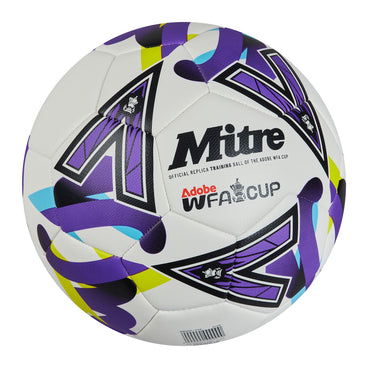 Front ¾ right view of the Mitre Women's FA Cup Train Football White, Purple and Green