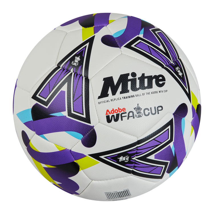 Front ¾ right view of the Mitre Women's FA Cup Train Football White, Purple and Green