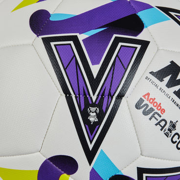Back ¾ left view of the Mitre Women's FA Cup Train Football White, Purple and Green