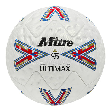 Front view of the Mitre Ultimax Pro 30th Anniversary Football White, Blue and Red
