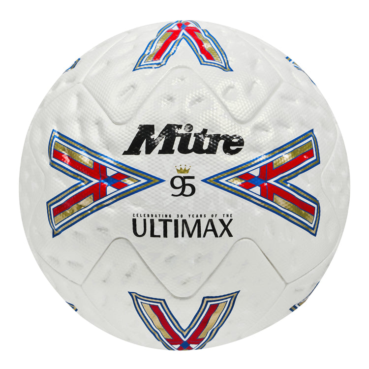 Front view of the Mitre Ultimax Pro 30th Anniversary Football White, Blue and Red