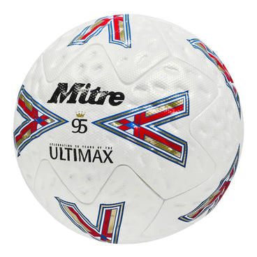 Front ¾ left view of the Mitre Ultimax Pro 30th Anniversary Football White, Blue and Red