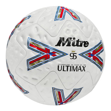 Front ¾ right view of the  Ultimax Pro 30th Anniversary Football White, Blue and Red