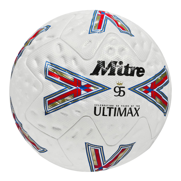 Front ¾ right view of the  Ultimax Pro 30th Anniversary Football White, Blue and Red