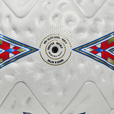 Side close-up of the  Ultimax Pro 30th Anniversary Football White, Blue and Red