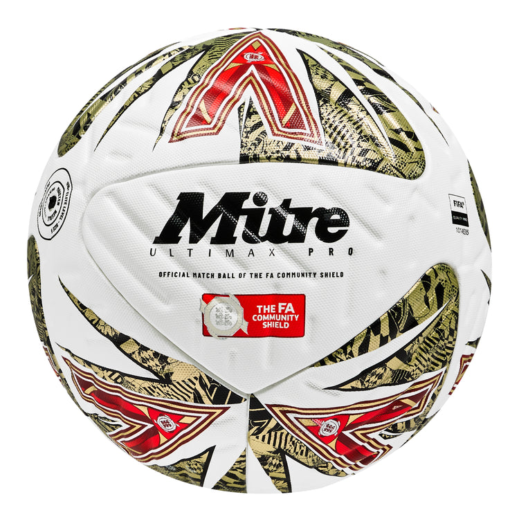Front view of the Mitre Ultimax Pro FA Com Sheild 25 Football White, Gold and Red