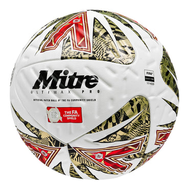 Front ¾ left view of the Mitre Ultimax Pro FA Com Sheild 25 Football White, Gold and Red