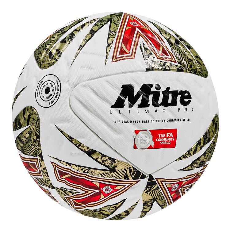 Front ¾ right view of the  Ultimax Pro FA Com Sheild 25 Football White, Gold and Red