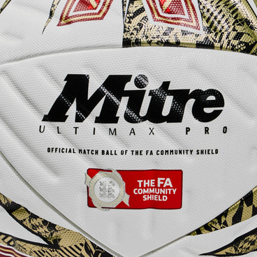 Back view of the  Ultimax Pro FA Com Sheild 25 Football White, Gold and Red