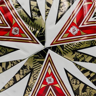 Back ¾ left view of the  Ultimax Pro FA Com Sheild 25 Football White, Gold and Red