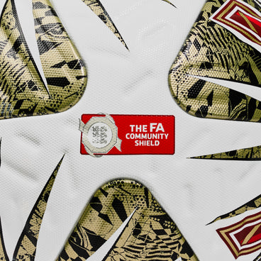 Back ¾ right view of the  Ultimax Pro FA Com Sheild 25 Football White, Gold and Red