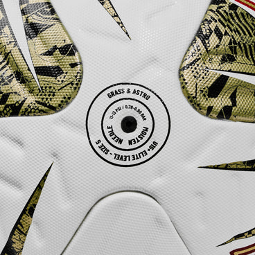 Left side view of the  Ultimax Pro FA Com Sheild 25 Football White, Gold and Red