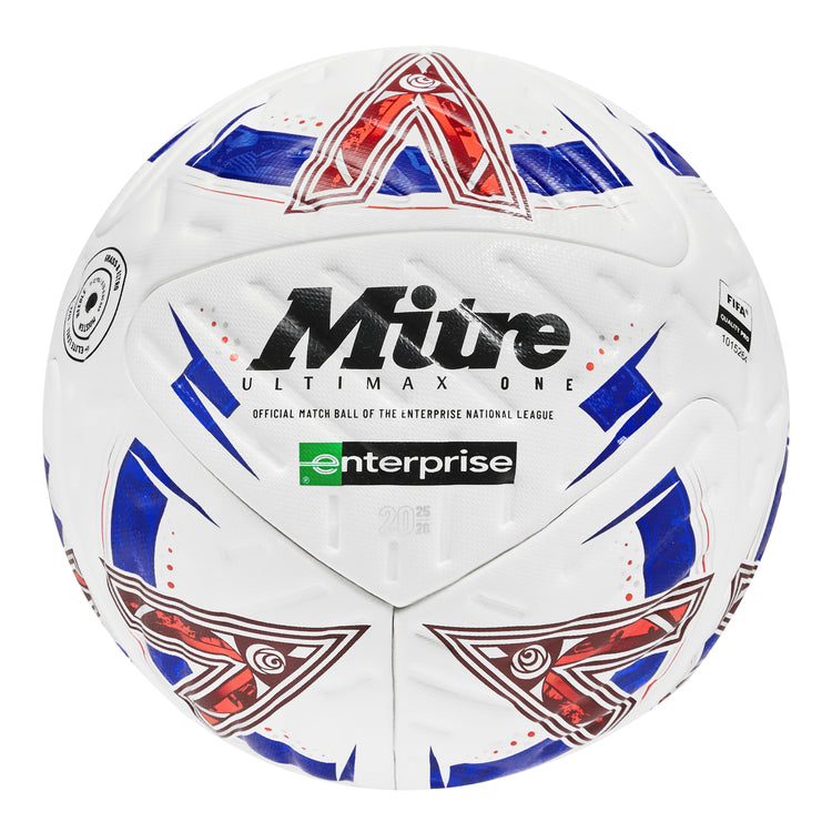 Front view of the Mitre TNL Ultimax One XU Football White and Blue