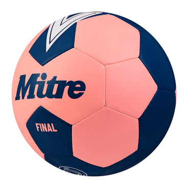 Front ¾ left view of the Mitre Final Football Pink and Blue